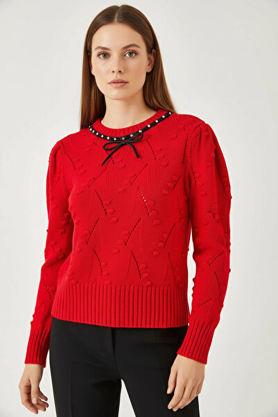 Efnaz style Women's Beaded Collar Bowknot Knitwear Red Sweater