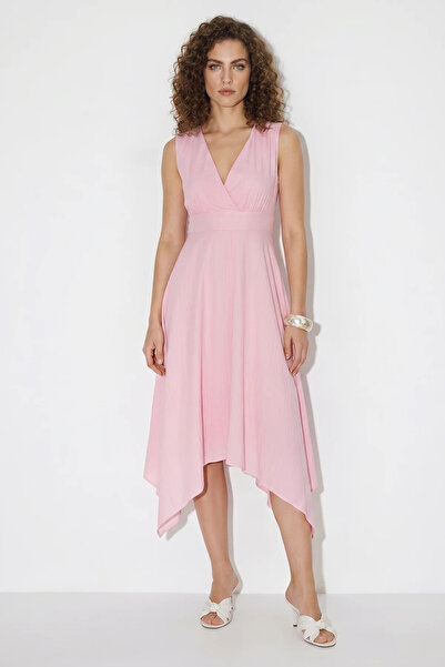 Efnaz style Women's Lined Double-Breasted Collar Asymmetrical Cut Midi Pink D...