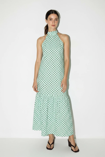 Efnaz style Women's Polka Dot Halter Neck Halter Dress with Ruffled Hem Long ...