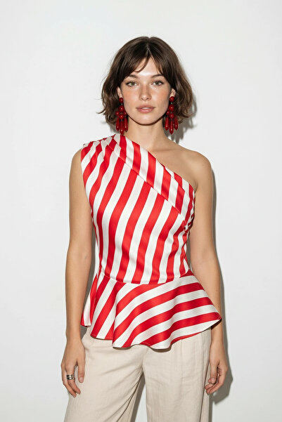 Şeker Portakalım Women's Striped Volan Detailed One-Shoulder Lined Satin Ecru...