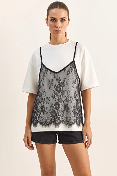 Şeker Portakalım Women's Lace Detailed Layered Look Basic t Shirt White