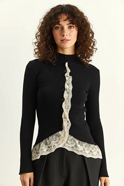 Efnaz style Women's Lace Detailed Half Turtleneck Buttoned Ribbed Knitwear Bl...