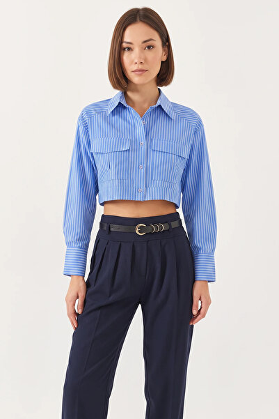 Efnaz style Women's Asymmetrical Robe Crop Blue Shirt