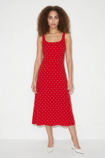Efnaz style Women's Polka Dot Viscose Midi Red and White Dress with Back Tie ...