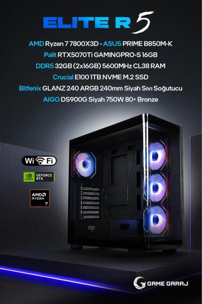 Elite R5 AMD R7 7800X3D RTX5070Ti 32GB RAM 1TB SSD 240mm Sıvı Soğt FreeDOS Oyuncu OEM Paket