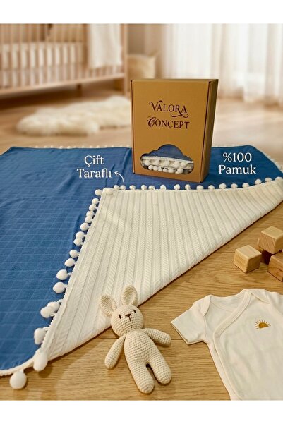 Valora Concept Double-Sided Pompom Muslin Pique Blanket 100% Cotton 80Cmx80Cm