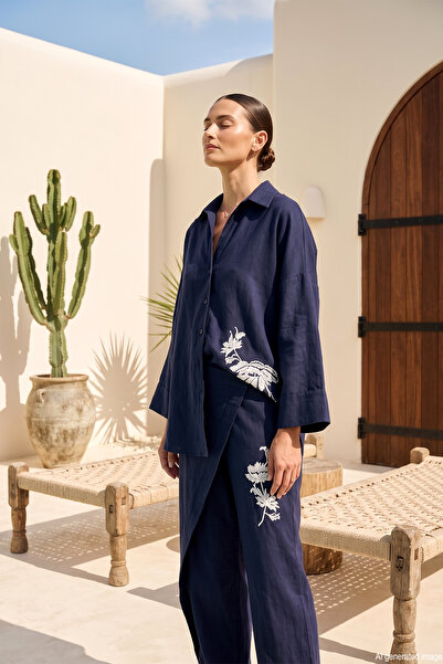 Missemramiss Linen Embroidered Linen Set 5211 Navy Blue