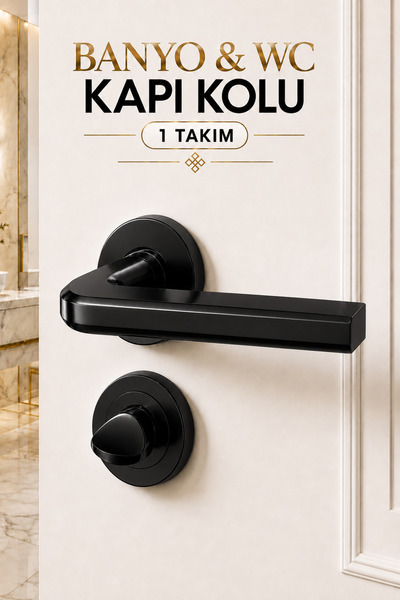 Badem10 (1 Takım) Nisa Siyah Renk Yuvarlak Rozetli Banyo WC Tuvalet Kapı Kolu...