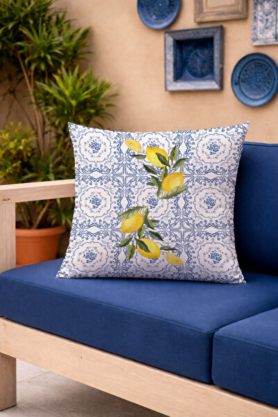 Evmila Lemon Blue Tile Patterned Decorative Throw Pillow Cover Mediterranean ...