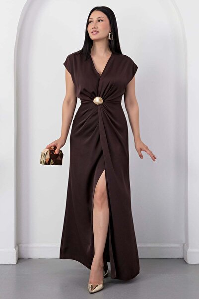 PULLIMM V-Neck Dress with Waist Buckle and Slit K-252618