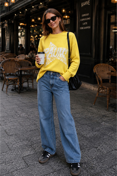 ÇILDIR ÖRME Unisex Star Patterned Oversize Crew Neck Knit Sweater