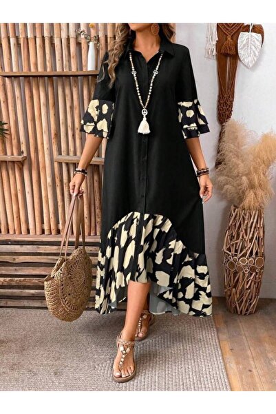 modaserdem Women's Short Sleeve Collared Front Buttoned Asymmetrical Cut Deta...
