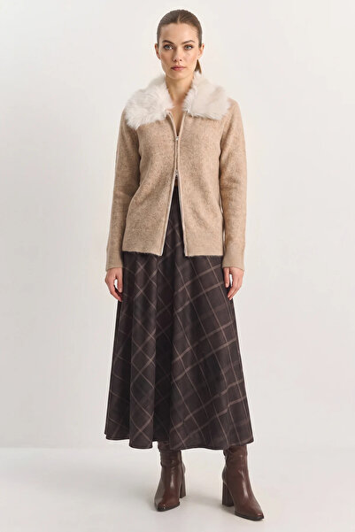 Efnaz style Women's Plaid Patterned Velvet Textured A-Line Maxi Dark Brown Skirt