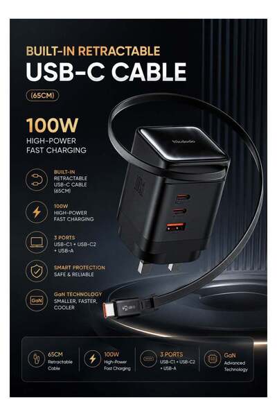 Mcdodo 100W GaN Charger with Built-in 65cm USB-C Cable, UK Plug 3C+1A, Multi-...