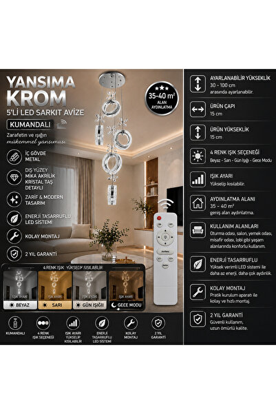 Yansıma 5’li Krom Sarkıt Avize - 4 Renk Aydınlatma Seçeneği (KUMANDALI)
