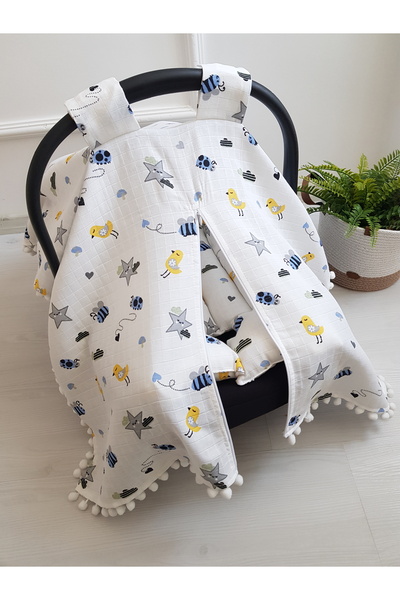 artıbebe Stroller Cover and Cushion Muslin Zippered Bee Patterned 100% Cotton...
