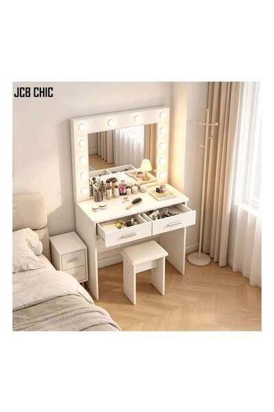 JCB CHIC Modern White Makeup Vanity Desk with LED Mirror, 2-Drawer Dressing T...