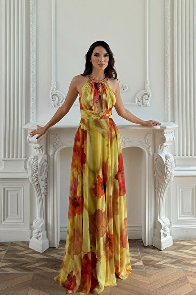 Sindimoda Halter Yaka Damla Detay Baskılı Abiye 1110