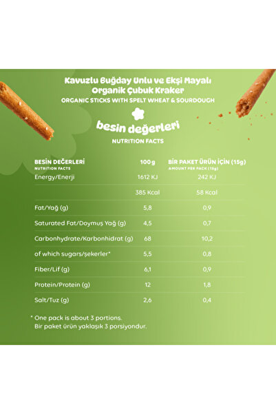Humm Organic Organik Kavuzlu Buğday Unlu ve Ekşi Mayalı Çubuk Kraker - 12 Adet