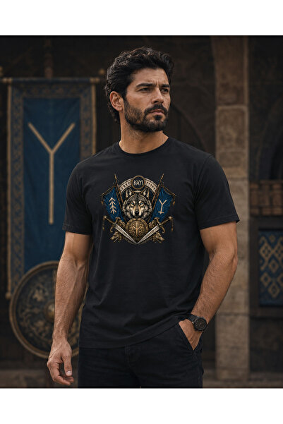 remonz Unisex Bozkurt Kayi Printed T-Shirt – Old Turkish Motif Wolf Pattern C...