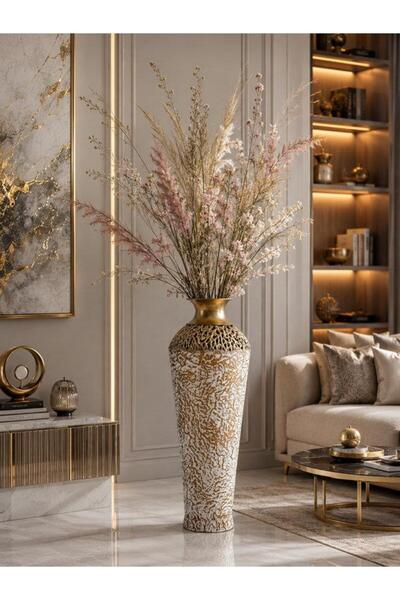 ROSSEV Vase Antique Metal Gold White Detailed Metal Decorative 74cm