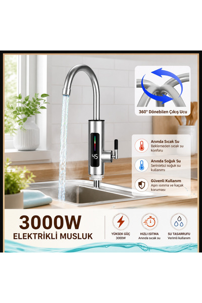 ReyPoint Dijital Ekranlı 3000W Elektrikli Su Isıtıcı Musluk 360 Derece Dönme ...