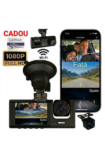 STELAMOS Cameră auto 4K cu 3 canale, Wi-Fi, 128GB