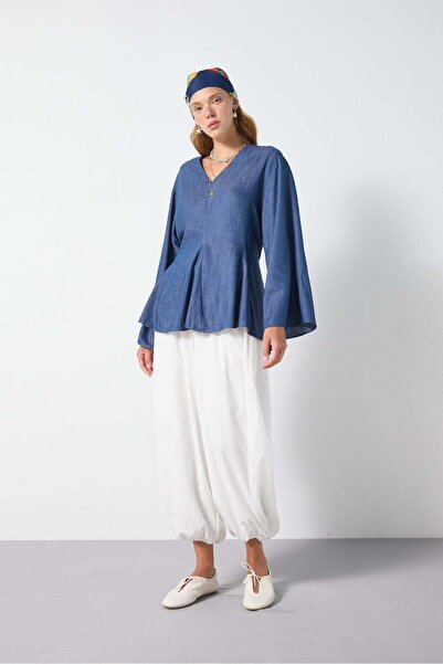 minaaise Women's Flounced Special Design Navy Blue Slim Denim Blouse 31187