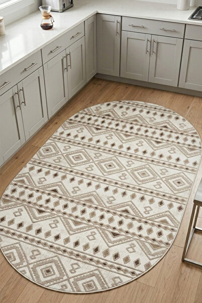 Raschel Carpet Oval Premium Yıkanabilir Leke Tutmaz Mutfak Halısı Etnik Desen...