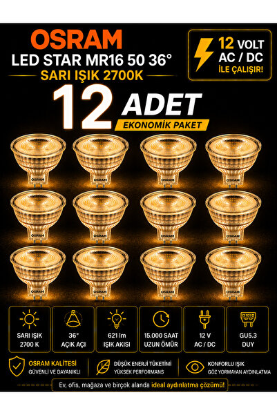 Avarson (12 Adet) Ledvance 12V AC/DC 6.1W (50W) 2700K (Sarı Işık) GU5.3 Duylu...