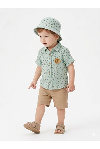 Maison Bebe Cocosiss Baby Boy Lion Emblem Muslin Shirt, Shorts and Hat 3-Piec...