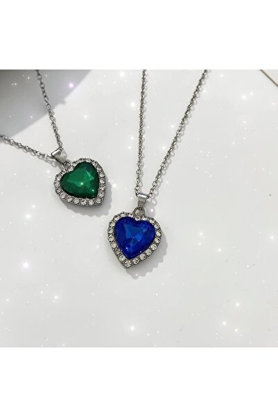 NO BRAND Colier de damă cu inimă și cristal verde 45cm