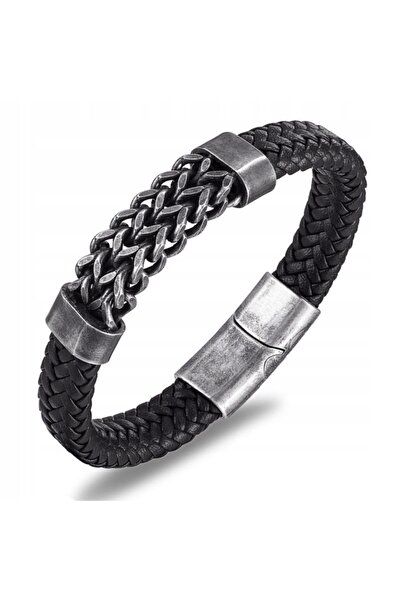 NO BRAND Brățară din piele pentru bărbați, împletită, cu elemente metalice