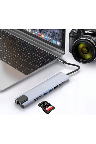 NO BRAND HUB USB-C 3.0 8-în-1, adaptor, port HDMI 4K, card SD, LAN, mufă RJ45