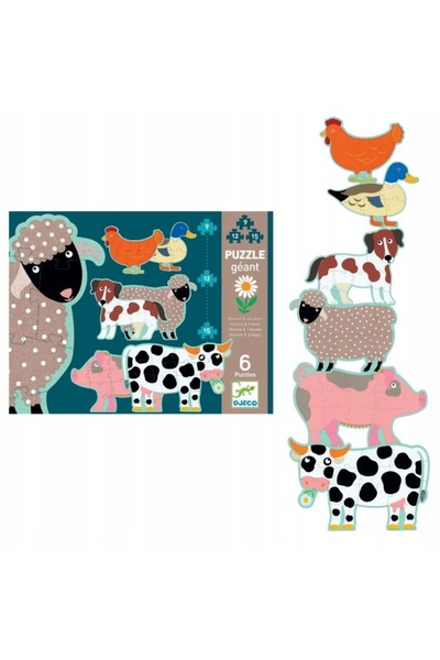 djeco Puzzle progresiv 9-12-15 El Gigant Animale la fermă, înălțime 140 cm