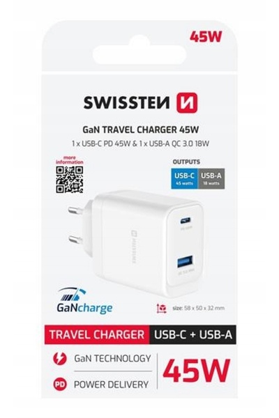 NO BRAND Swissten GaN 45W USB-C PD USB-A QC 18W Încărcător rapid de călătorie