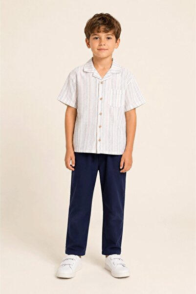 CansınMini Gray Striped Short Sleeve Shirt and Linen Trousers Boys' 2-Piece S...