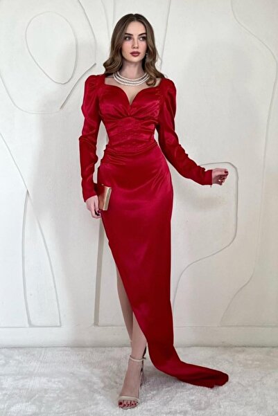 SEREMONİ BUTİK Red Satin Dress with Breast Cups and Slit Detail