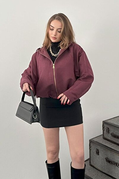 ELBEE Burgundy hooded bomber suede jacket