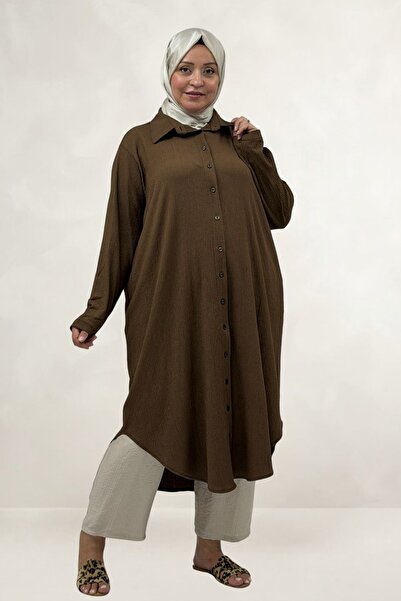 Eslina 68076 Plus Size Buttoned Wrap Tunic - Brown