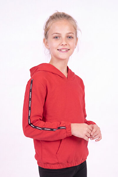 panios kids Kız Çocuk Kapüşonlu Kanguru Cepli Şerit Detaylı Sweatshirt
