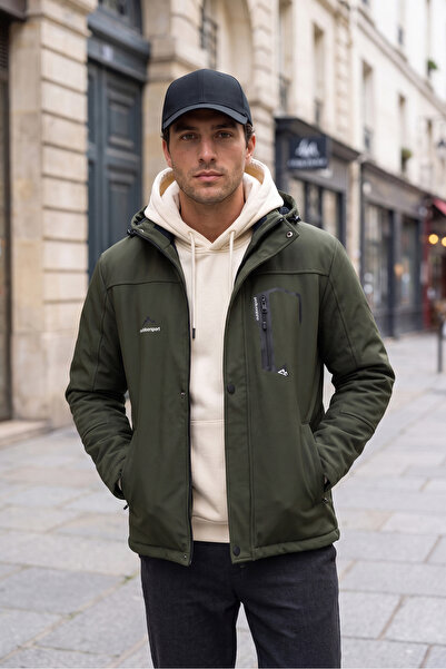 Mero Life Outdoor Hooded Water and Windproof Khaki Softshell Coat with Fur In...