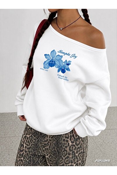 FUFLUNS Simple Joy Printed Oversized Women's Boat Neck Sweatshirt