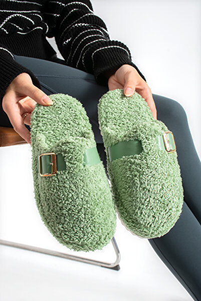 ModaMert Women's Green Buckle Detailed Winter Comfortable Women's Slippers