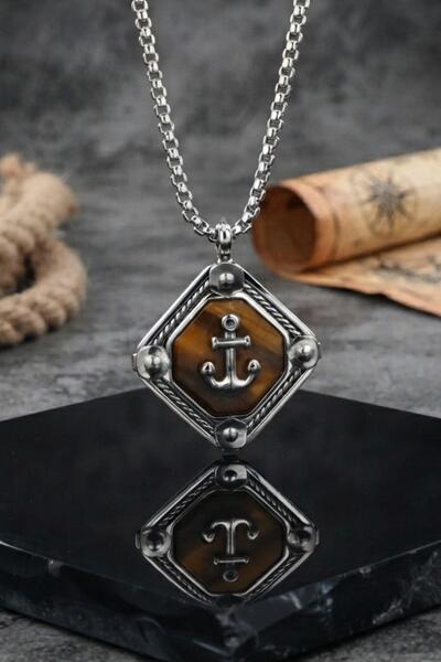 Prestige Anchor Figured Tiger's Eye Stone Necklace Stainless Steel Chain 902910