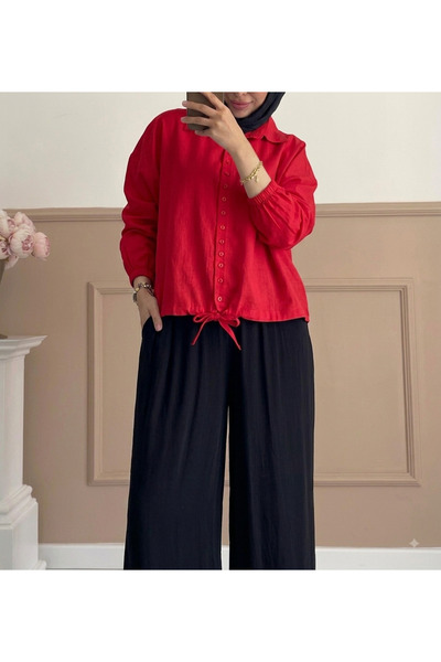 Bahar Altundemir Kadın Beli Büzgülü Oversize Düğmeli Crop Gömlek