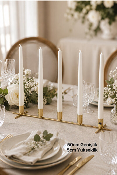 mba decor metal bending art Penta 5'li Şamdan Mumluk Masaüstü Gold Renk 50 cm, 2 cm Mum Uyumlu Yemek Masası