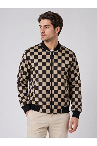 NECO GİYİM Men's Black Beige Plaid Patterned Zippered Bomber Jacket Coat with...