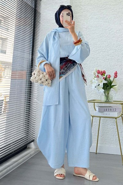 MELEK ARAZ Premium Shawl Collar Shalwar Cut Linen Trousers Set - Blue