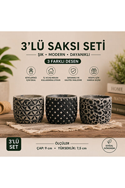 MF Botanik Küçük Boy Gri-Siyah Desen Beton Saksı 3'lü Set 5,5 Cm Üretim Saksı...